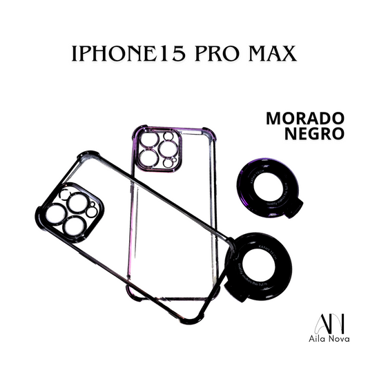 Funda Transparente con Aro Magnético & Soporte – iPhone 15 PRO MAX | Negro | Morado