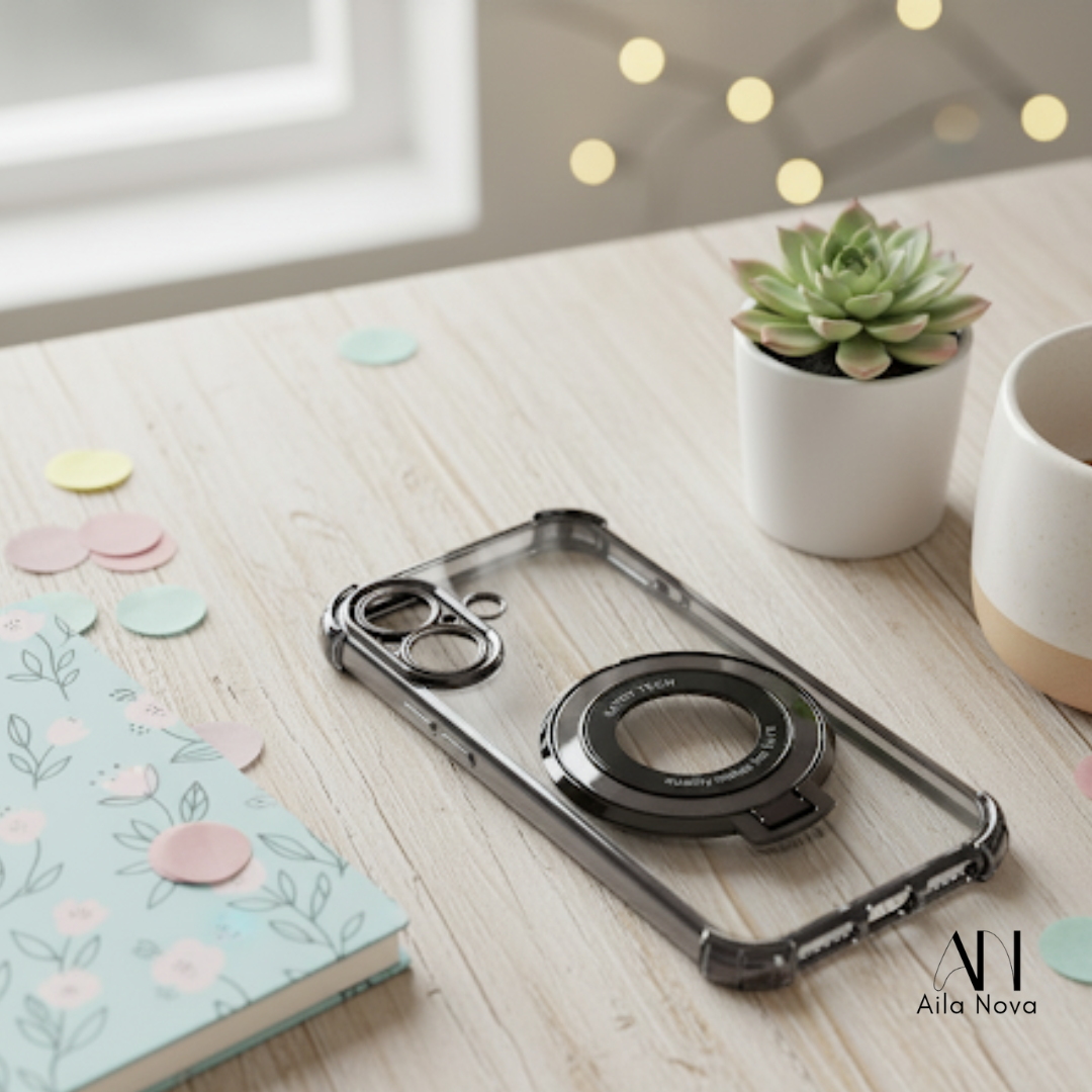 Funda Transparente con Aro Magnético & Soporte – iPhone 15 | Negro