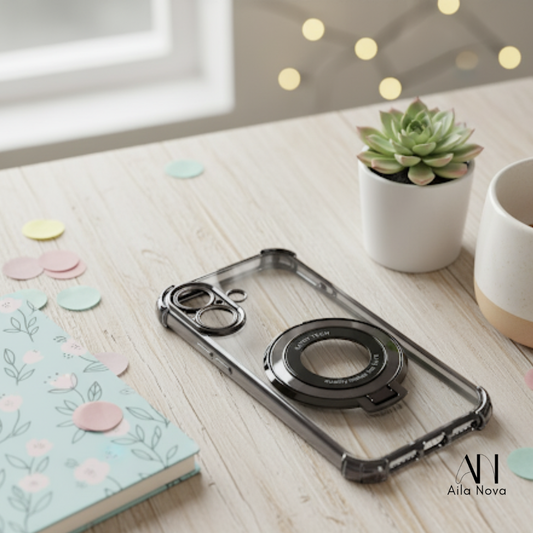 Funda Transparente con Aro Magnético & Soporte – iPhone 15 | Negro