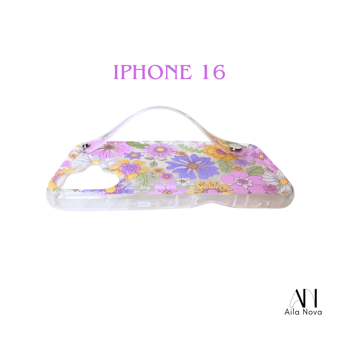 Funda Floral con Asa para iPhone 16 | Diseño Estilo Flores | Protección + Correa de Mano | Carcasa Antigolpes