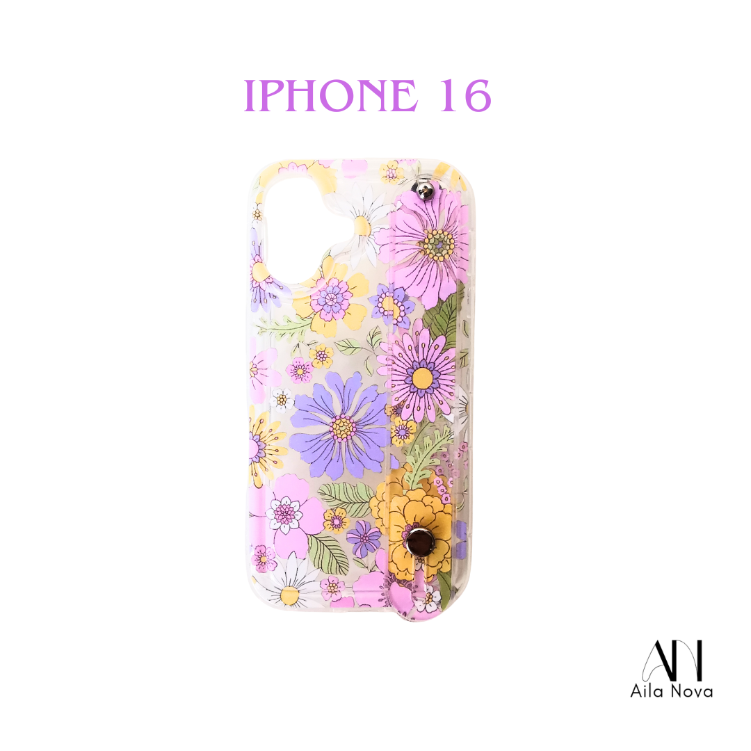 Funda Floral con Asa para iPhone 16 | Diseño Estilo Flores | Protección + Correa de Mano | Carcasa Antigolpes