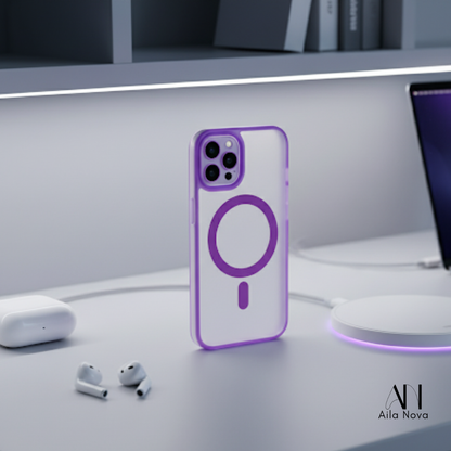 Funda MagSafe para iPhone 16 PRO | Borde Morado | Antigolpes Transparente | Compatible con Carga Magnética