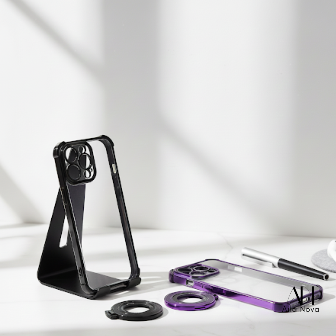 Funda Transparente con Aro Magnético & Soporte – iPhone 16 PRO MAX | Negro | Morado