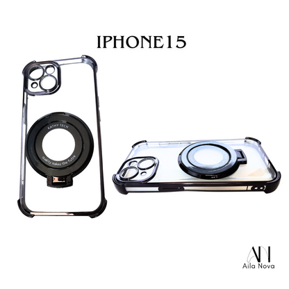 Funda Transparente con Aro Magnético & Soporte – iPhone 15 | Negro