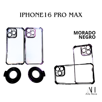 Funda Transparente con Aro Magnético & Soporte – iPhone 16 PRO MAX | Negro | Morado