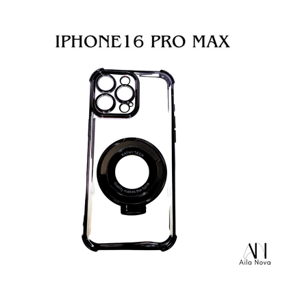 Funda Transparente con Aro Magnético & Soporte – iPhone 16 PRO MAX | Negro | Morado