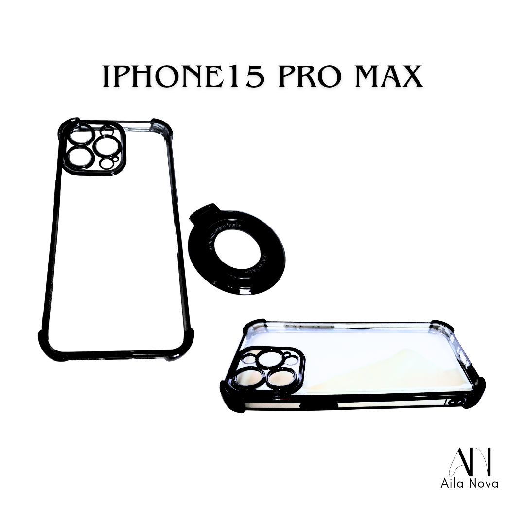 Funda Transparente con Aro Magnético & Soporte – iPhone 15 PRO MAX | Negro | Morado