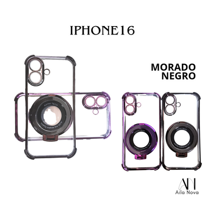 Funda Transparente con Aro Magnético & Soporte – iPhone 16 | Negro | Morado