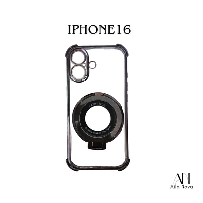 Funda Transparente con Aro Magnético & Soporte – iPhone 16 | Negro | Morado