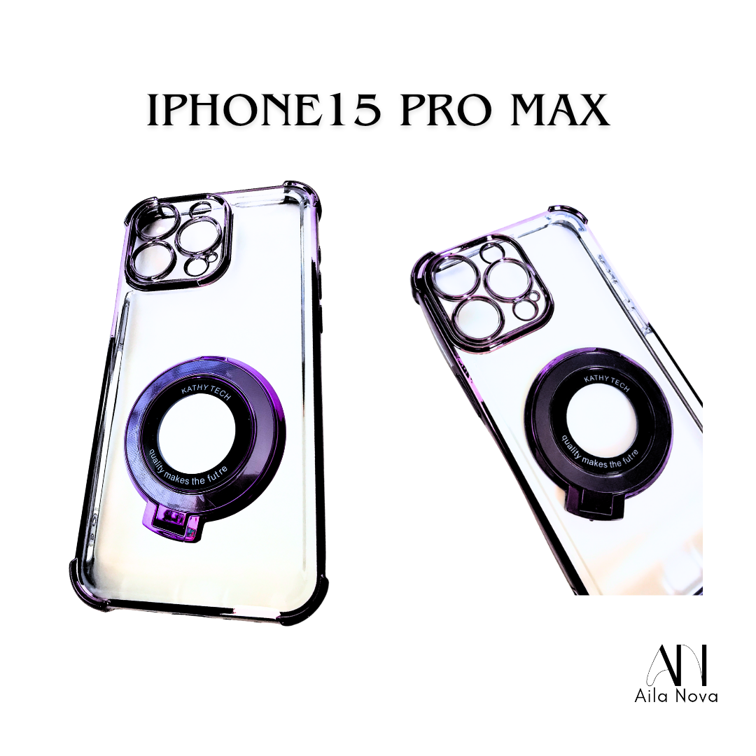 Funda Transparente con Aro Magnético & Soporte – iPhone 15 PRO MAX | Negro | Morado