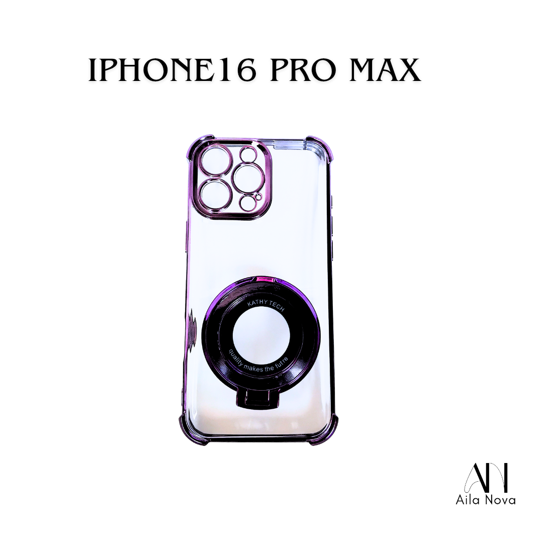 Funda Transparente con Aro Magnético & Soporte – iPhone 16 PRO MAX | Negro | Morado