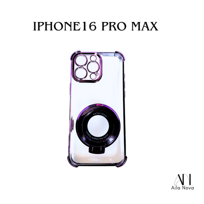 Funda Transparente con Aro Magnético & Soporte – iPhone 16 PRO MAX | Negro | Morado